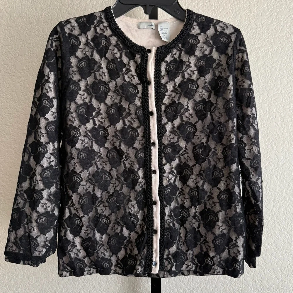 Black Floral Lace Sheer Cardigan Medium Long Sleeve Lightweight Romantic Top - Picture 1 of 9